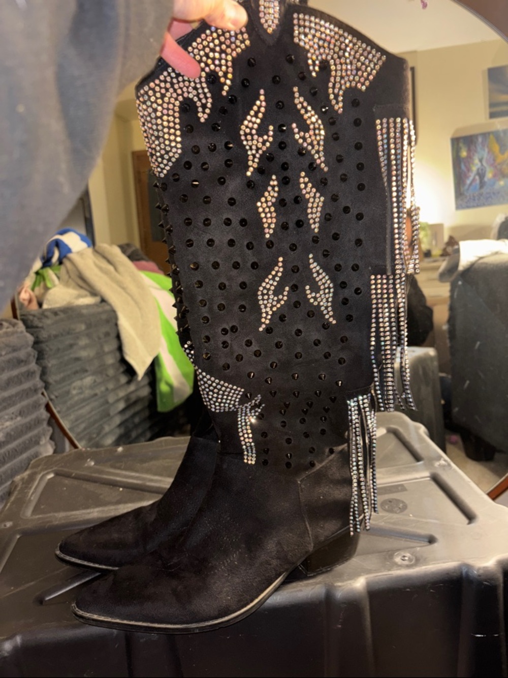 Nasty Gal Black Rhinestone Fringe Cowboy Combat Boots